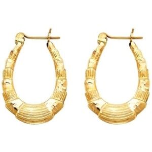 14K Solid Yellow Gold Hollow Hoop U shape earring
